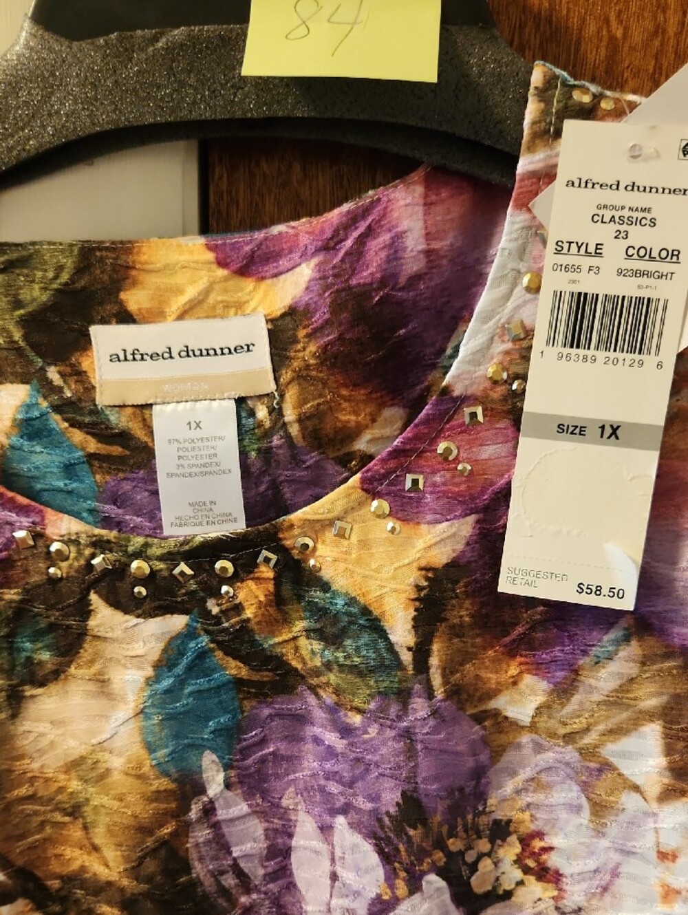 1X New Alfred Dunner Multicolor Floral Top with Studs 3/4 Sleeve List #84 - Picture 3 of 5